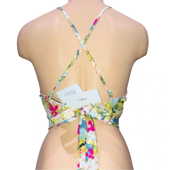 AAKAA Tropical Floral Print Halter Crop Top Cotton Anthro Boho Preppy Sexy Large - Picture 2 of 4